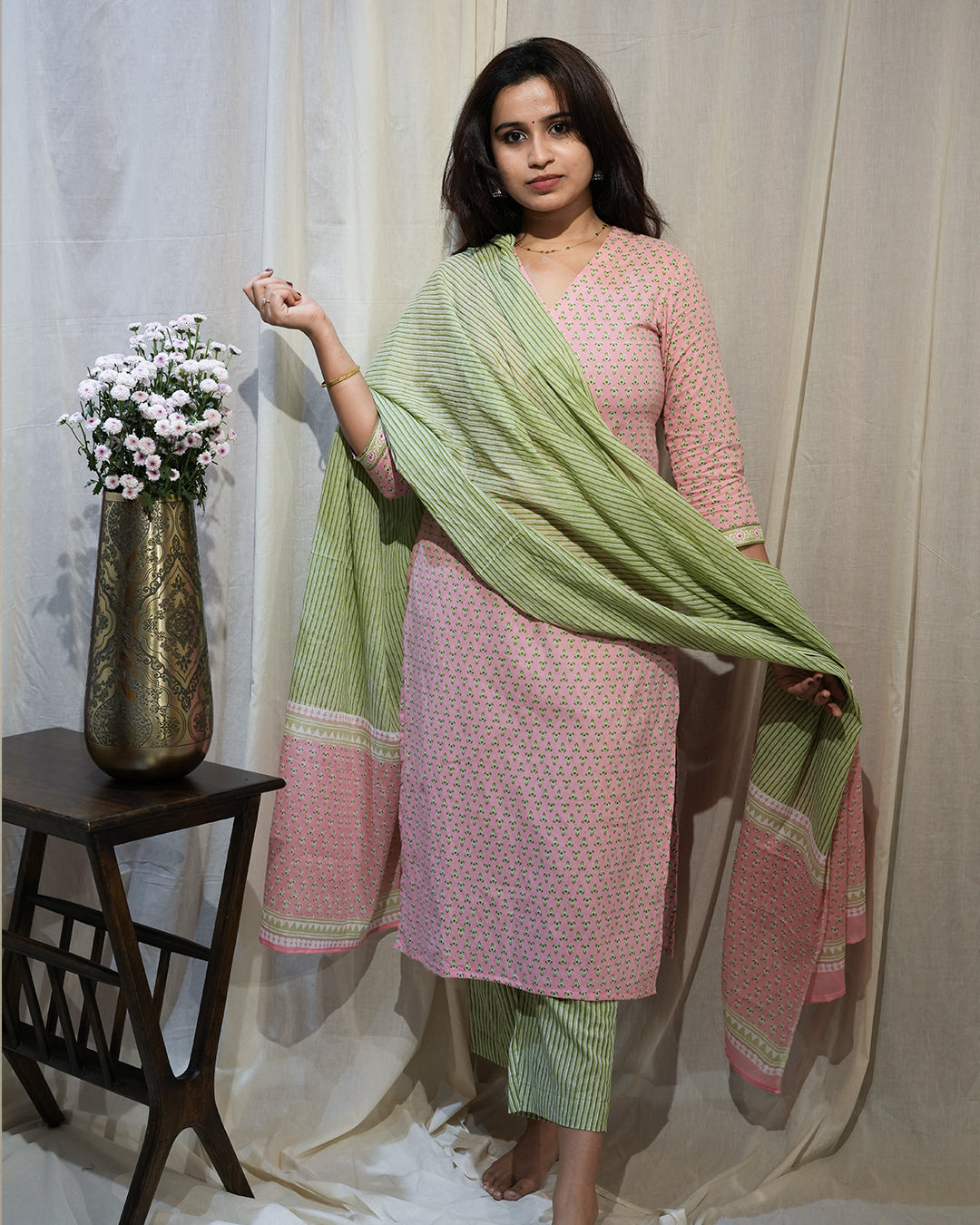Light Pink & Green Printed Cotton Suit Set