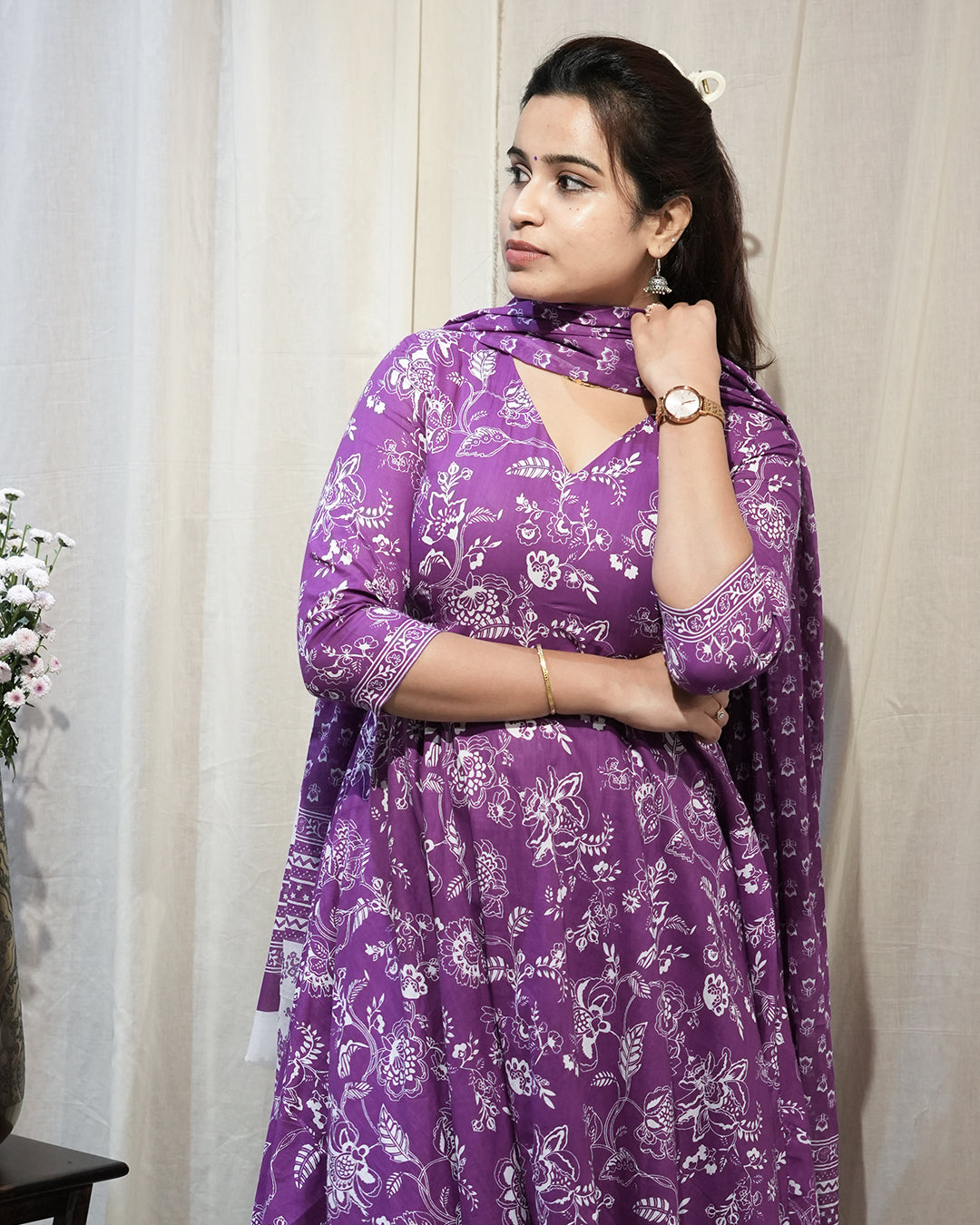 Purple Floral Anarkali Kurta Set with Dupatta