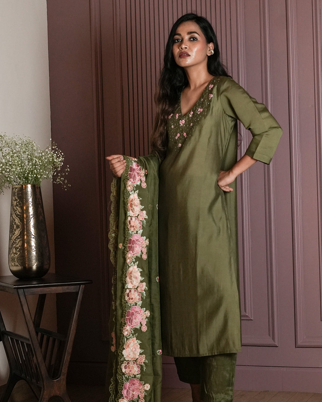 Olive Green Floral Embroidered Suit Set