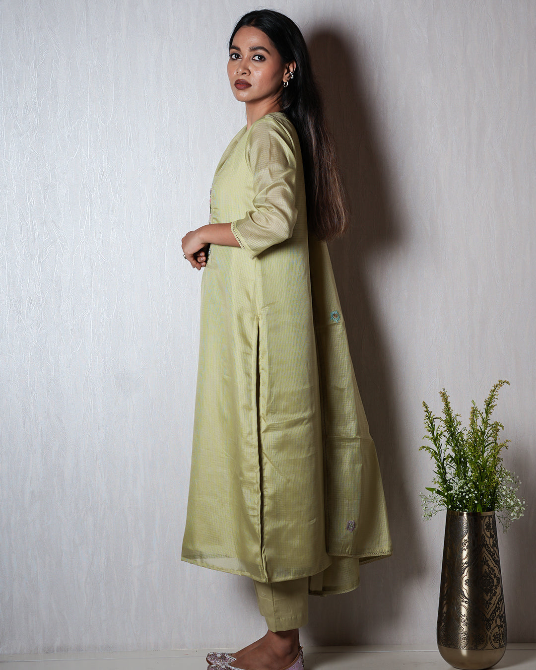 Light Pistachio Green Floral Yoke Suit Set