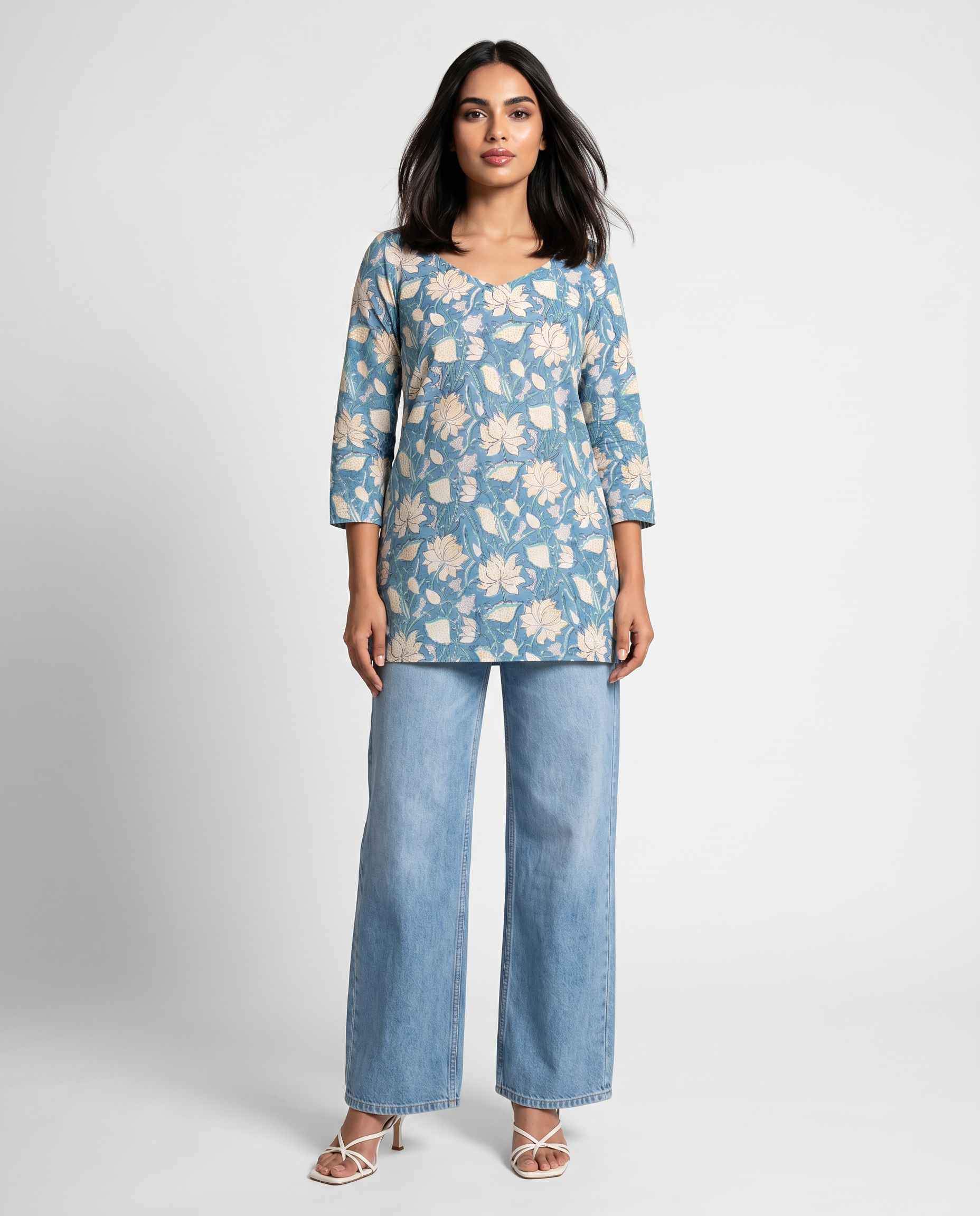Blue Floral Printed Short Kurta