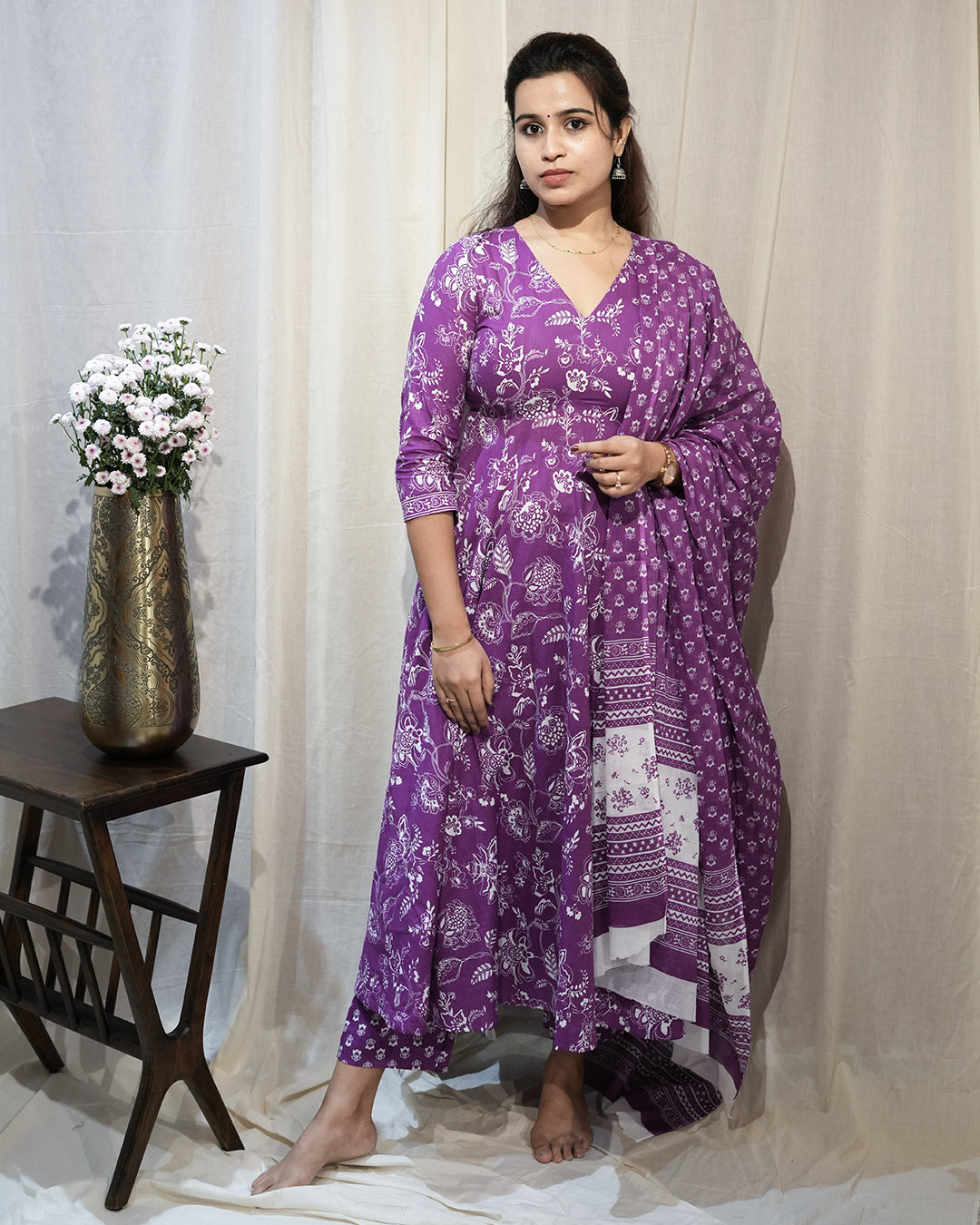 Purple Floral Anarkali Kurta Set with Dupatta