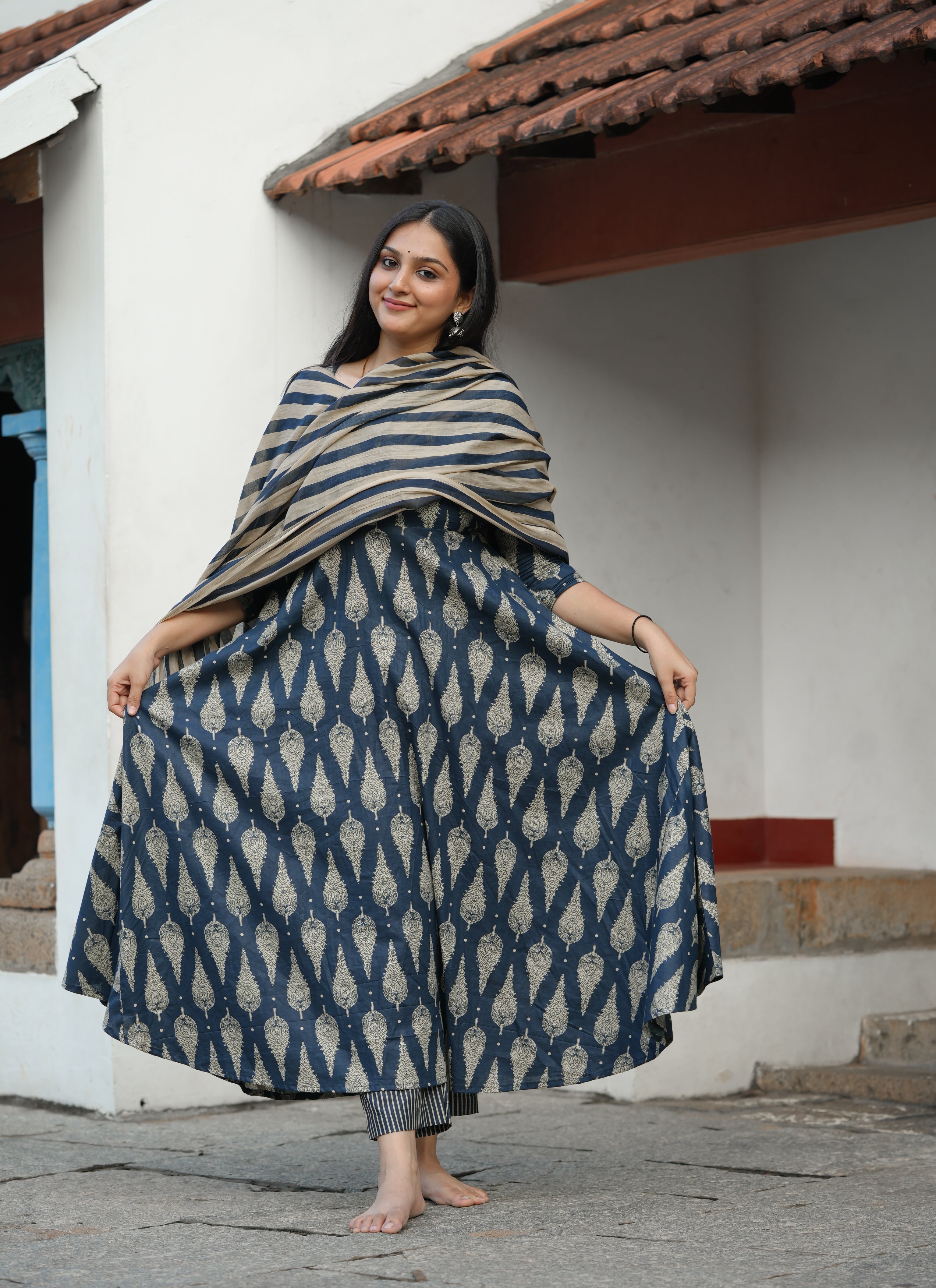 Blue feathered Classic Indigo Blockprint Anarkali set