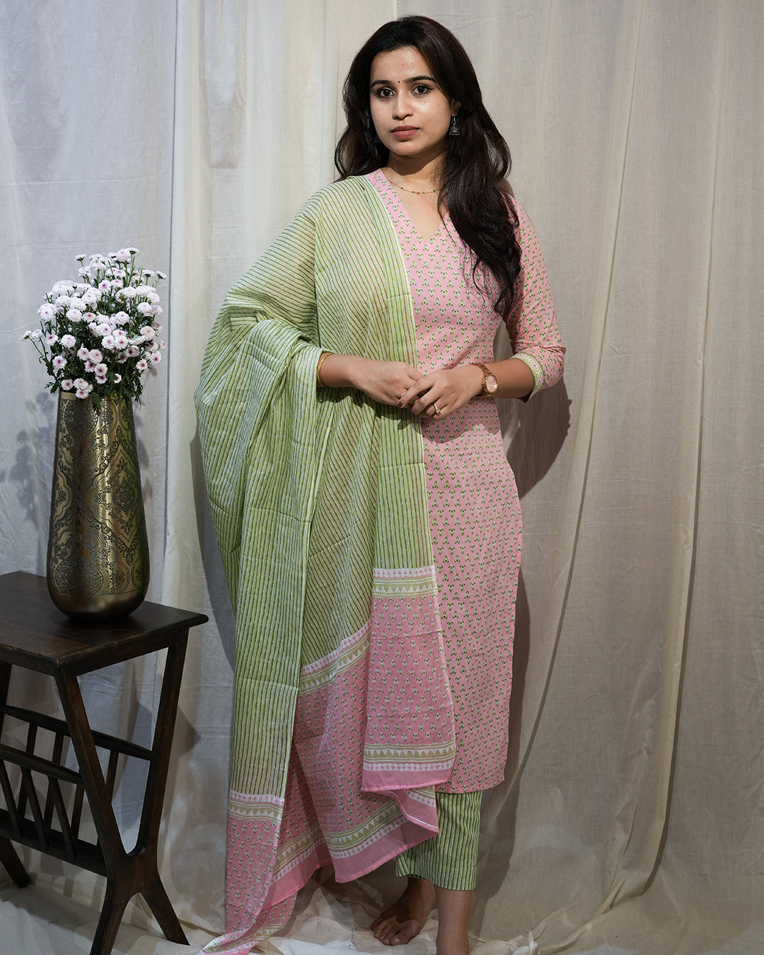 Light Pink & Green Printed Cotton Suit Set
