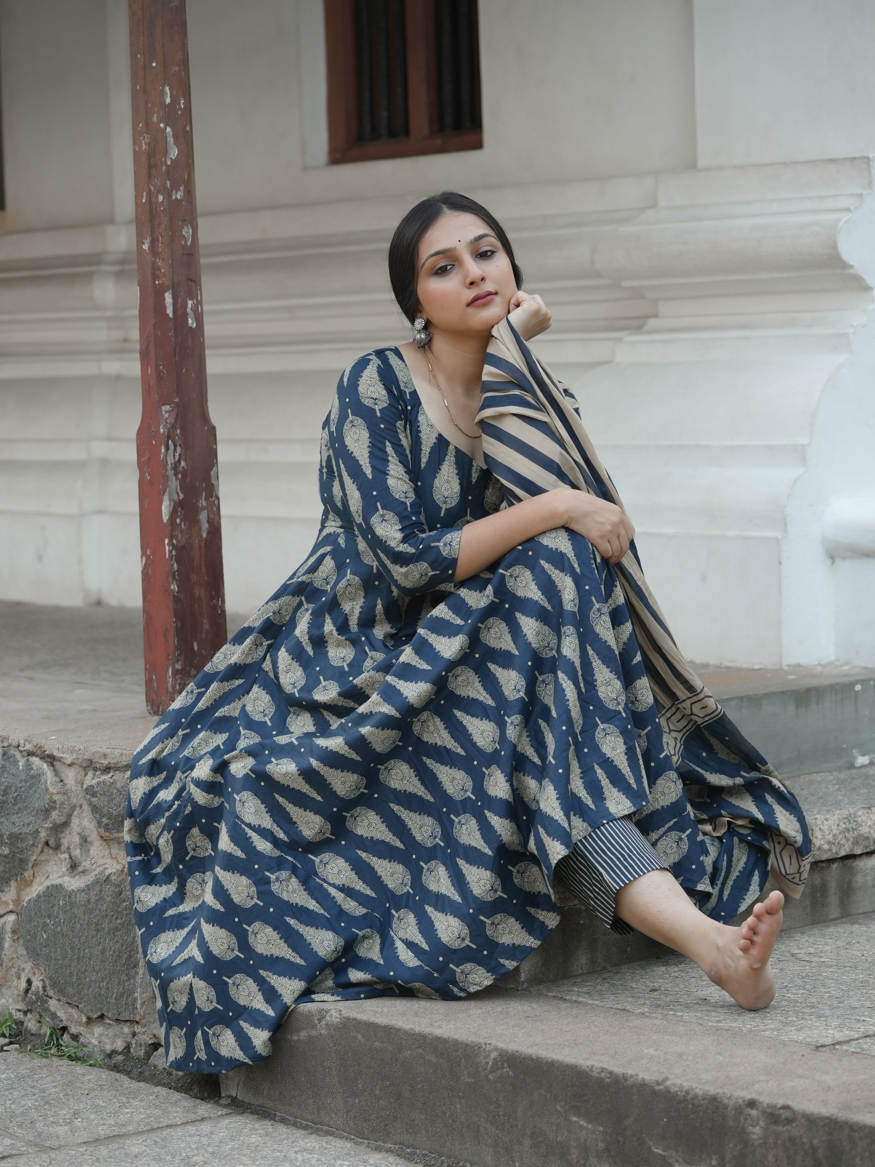 Blue feathered Classic Indigo Blockprint Anarkali set