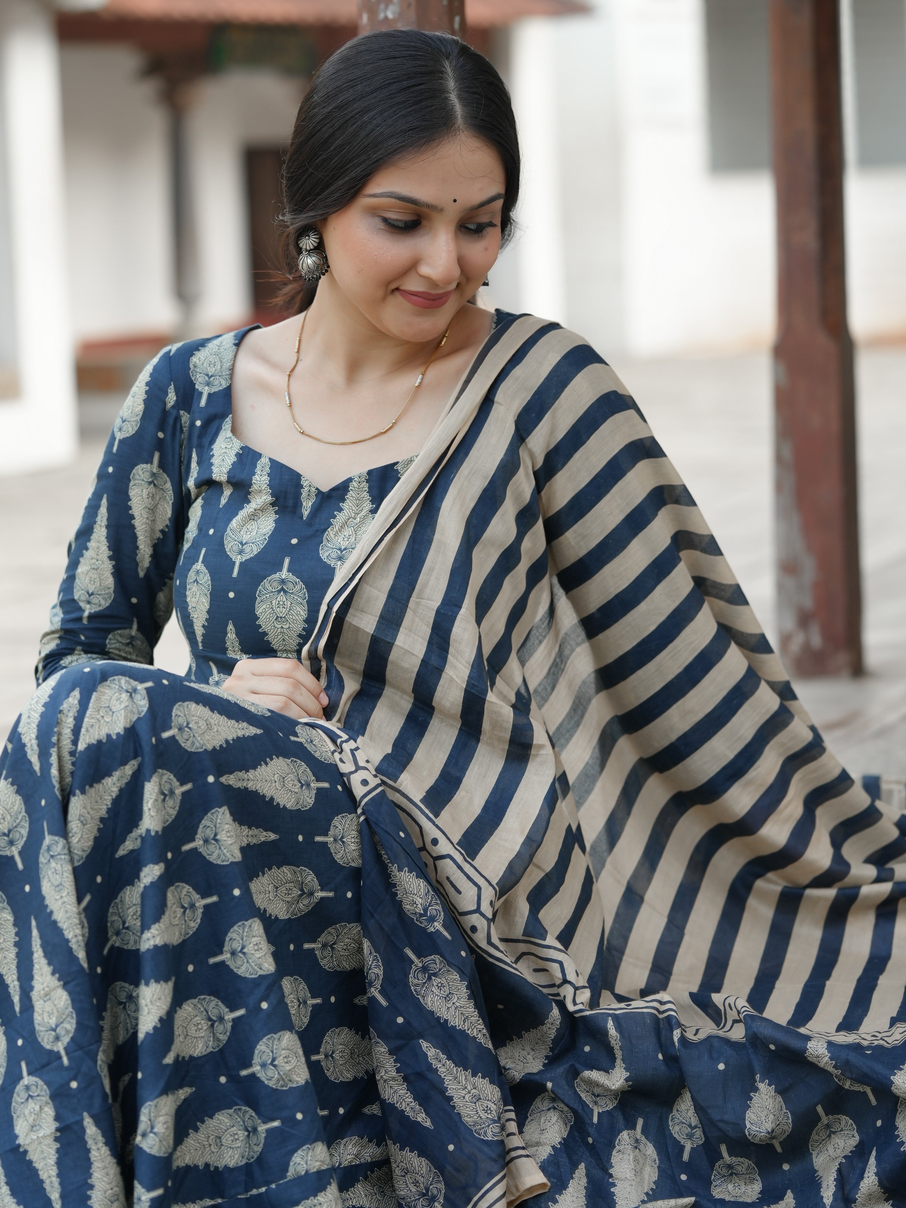 Blue feathered Classic Indigo Blockprint Anarkali set