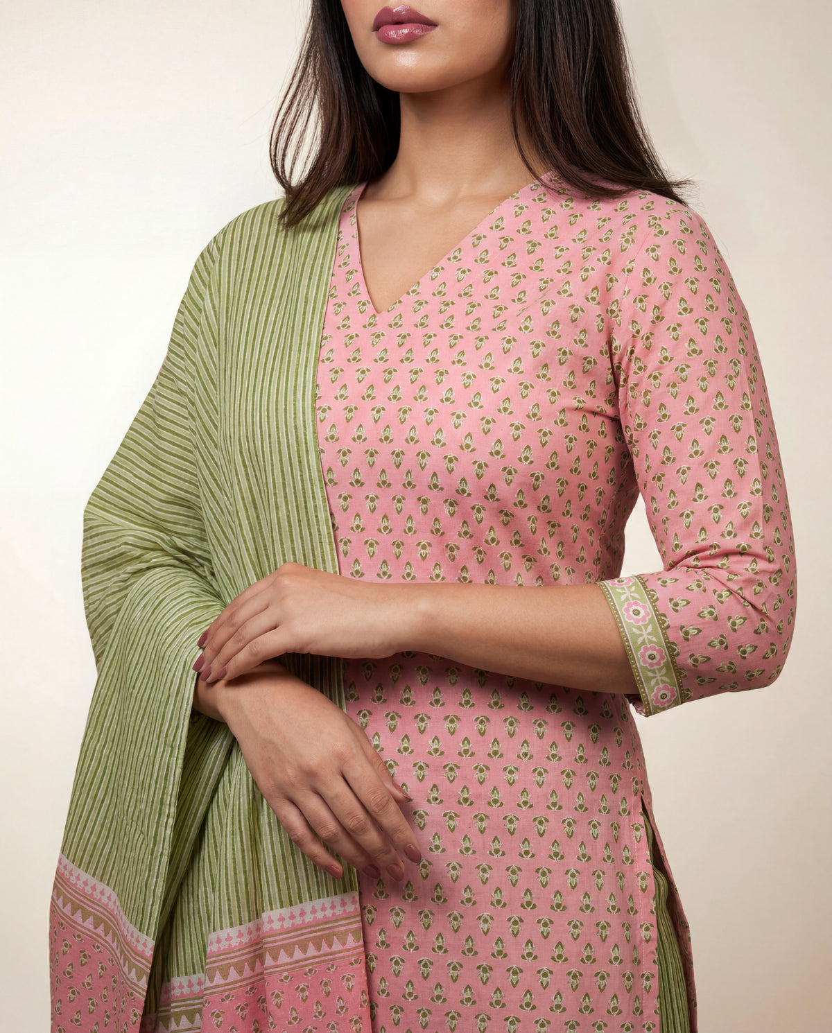 Light Pink & Green Printed Cotton Suit Set
