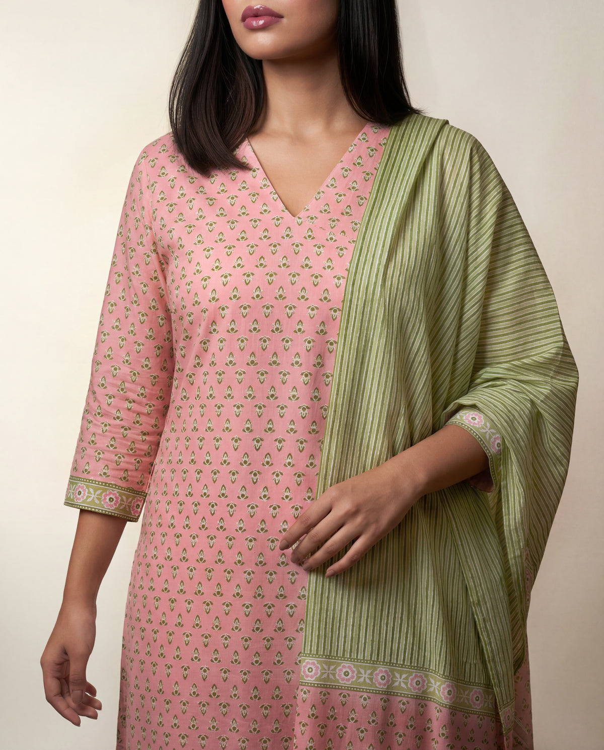 Light Pink & Green Printed Cotton Suit Set