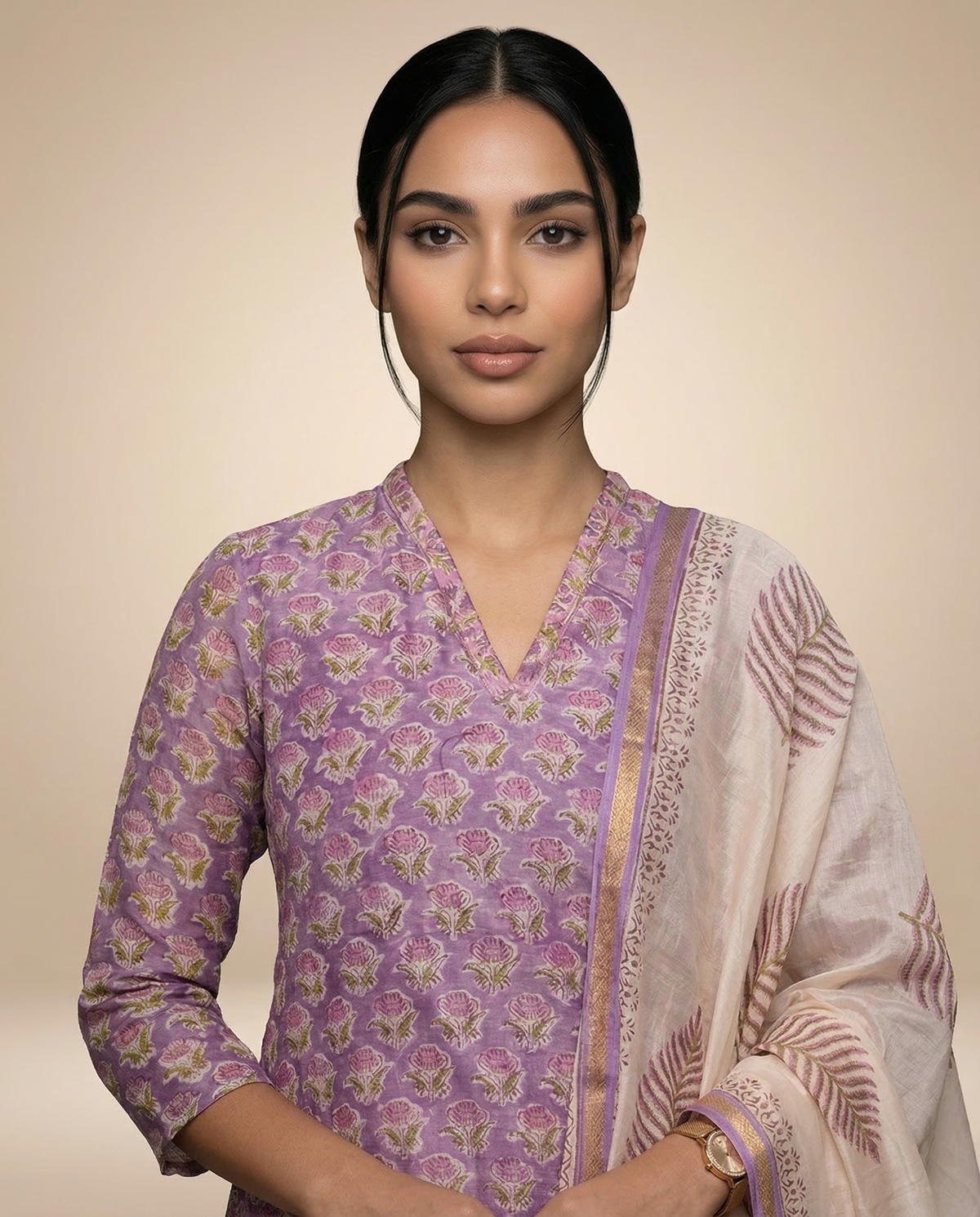 Lavender Handblock-Style Kurta Set with Dupatta