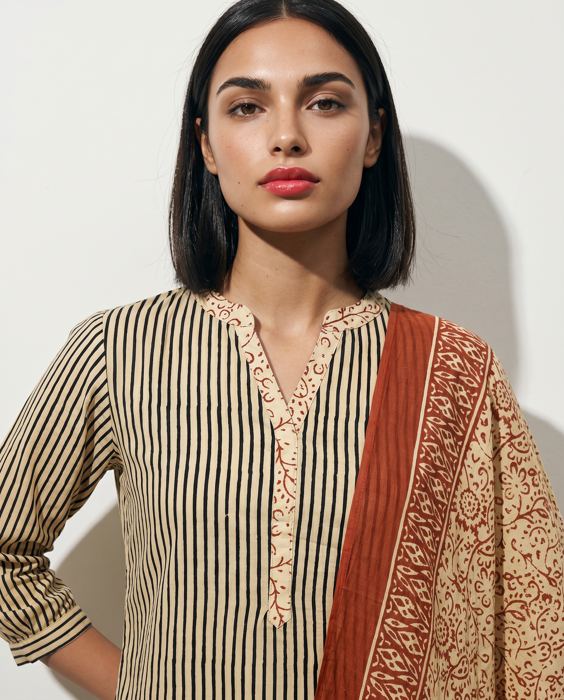 Simple V-neckline beige suit set | Aika the label