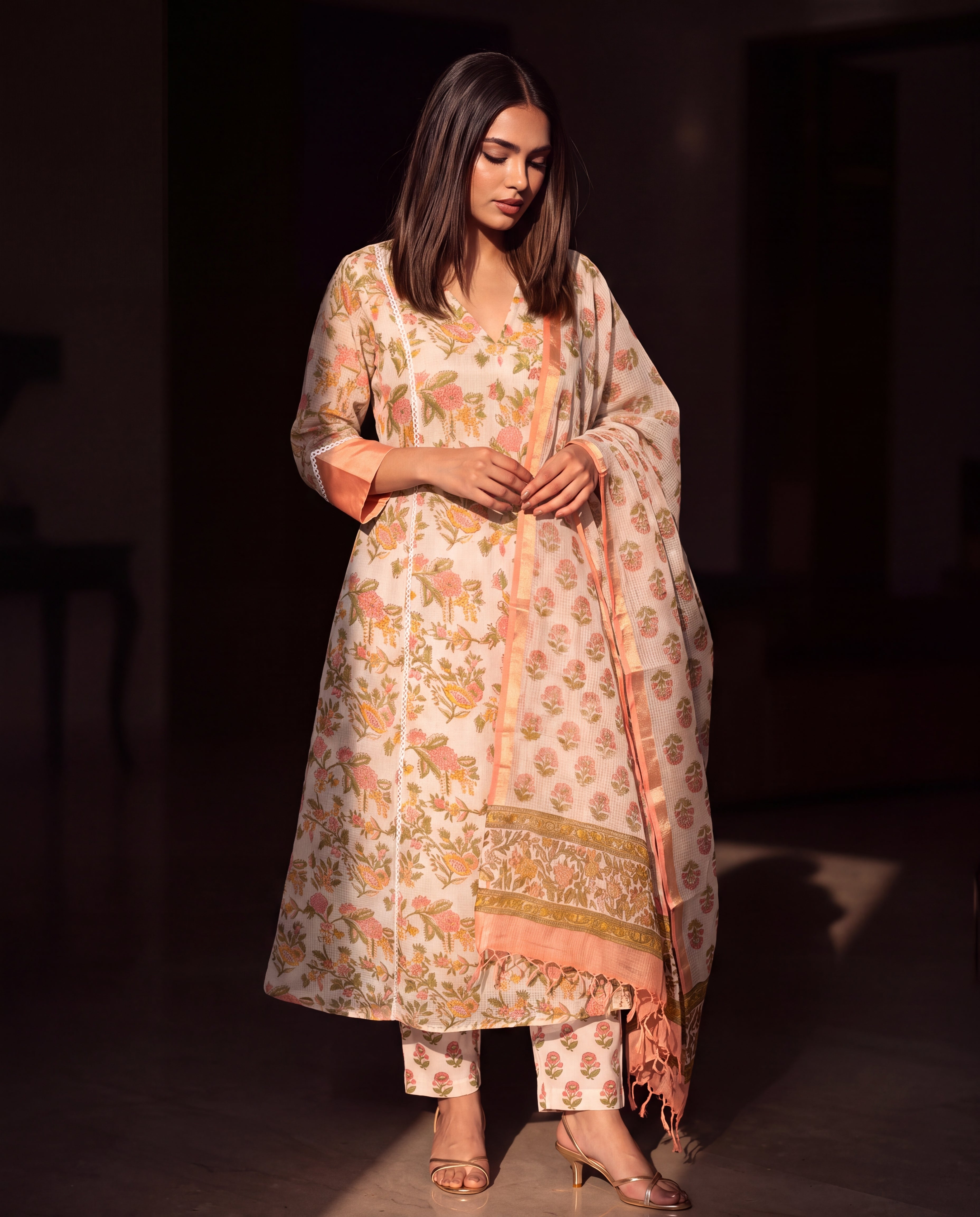 Peach Meadow Floral Flared Suit Set