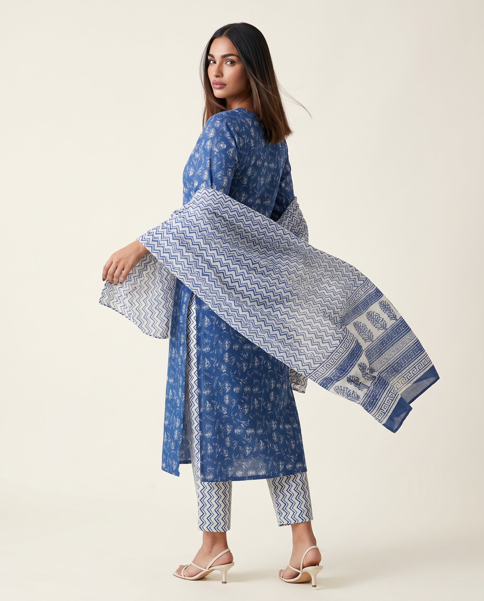 Blue Handblock-Style Printed Kurta Set with Dupatta