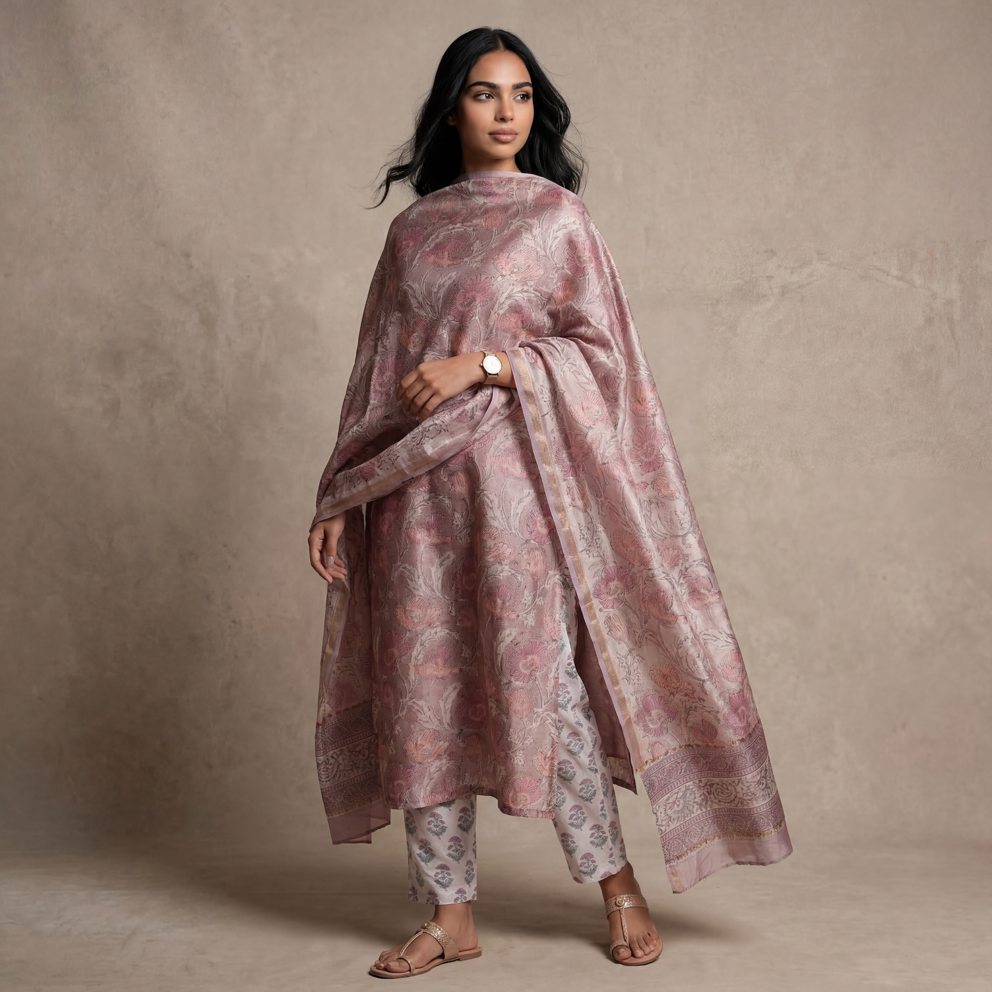 Soft Pink Floral Printed Kurta Set with Dupatta