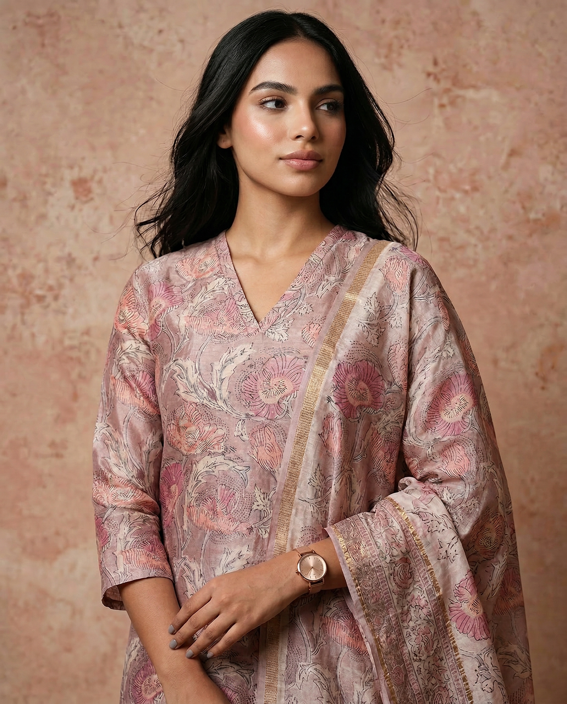 Soft Pink Floral Printed Kurta Set with Dupatta