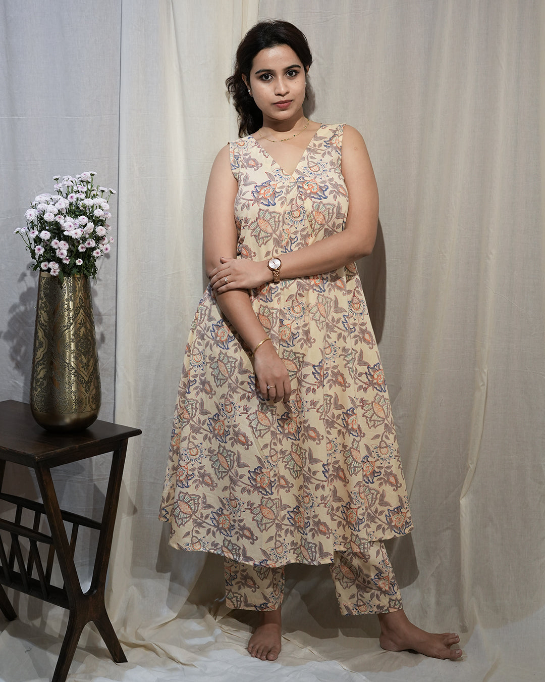 Beige Floral Sleeveless A-Line Kurta Set