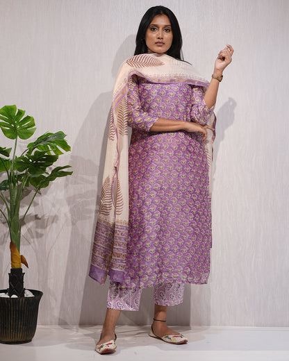 Lavender Handblock-Style Printed Cotton Suit Set