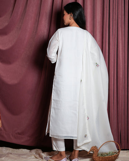 White Floral-Embroidered Ethnic Suit Set