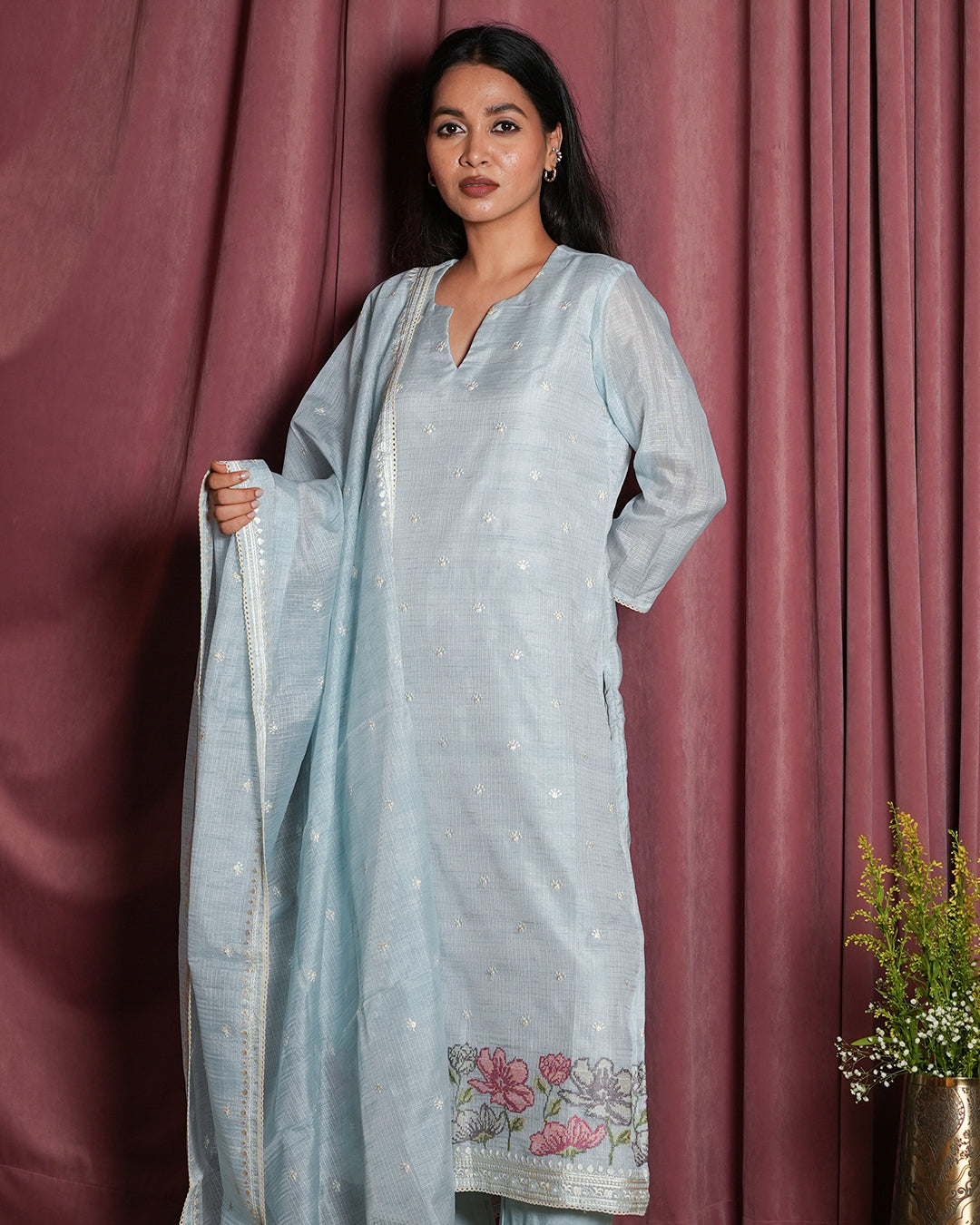 Ice Blue Chanderi Embroidered Suit Set