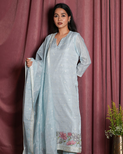 Ice Blue Chanderi Embroidered Suit Set