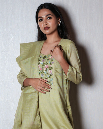 Light Pistachio Green Floral Yoke Suit Set
