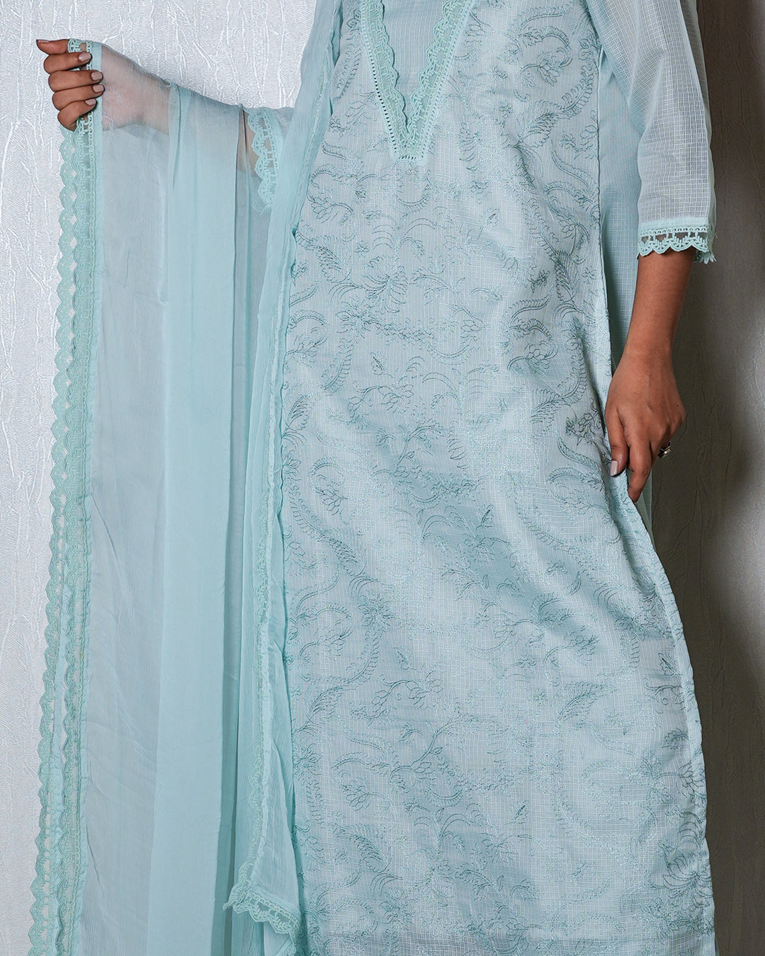 Powder Blue Chikankari-Style Suit Set