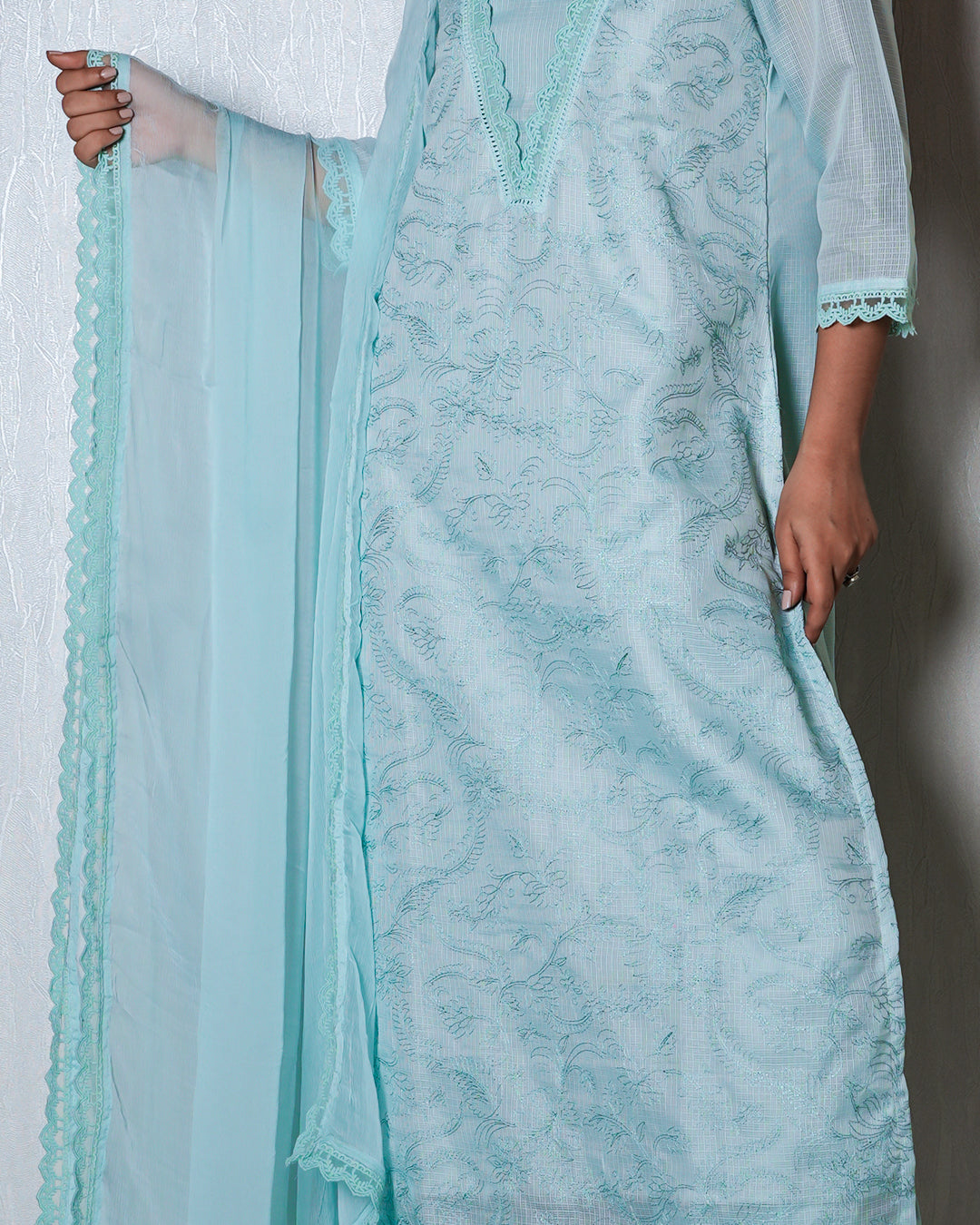 Powder Blue Chikankari-Style Suit Set