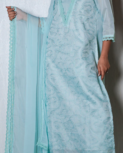 Powder Blue Chikankari-Style Suit Set