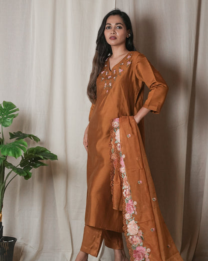 Rust Brown Floral-Embroidered Suit Set