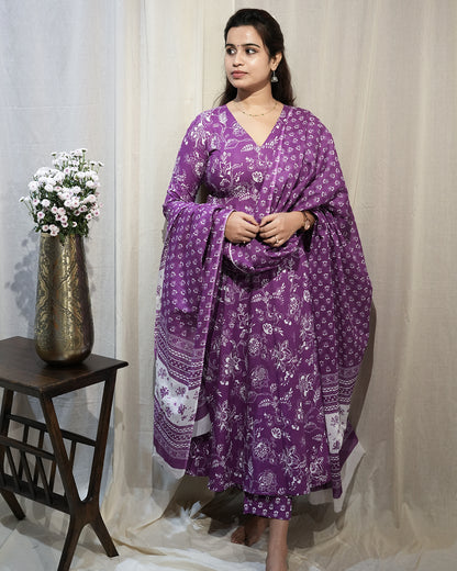 Purple Floral Anarkali Kurta Set with Dupatta