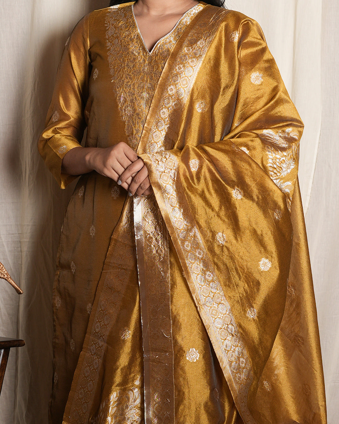 Mustard Gold Woven Ethnic Banaras chanderi Set