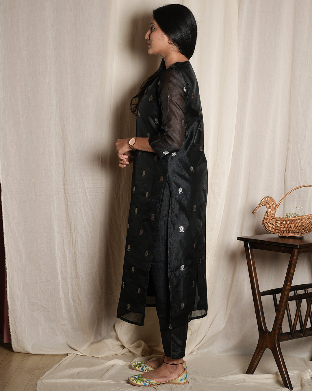 Black Handblock-Style Printed Banaras chanderi set