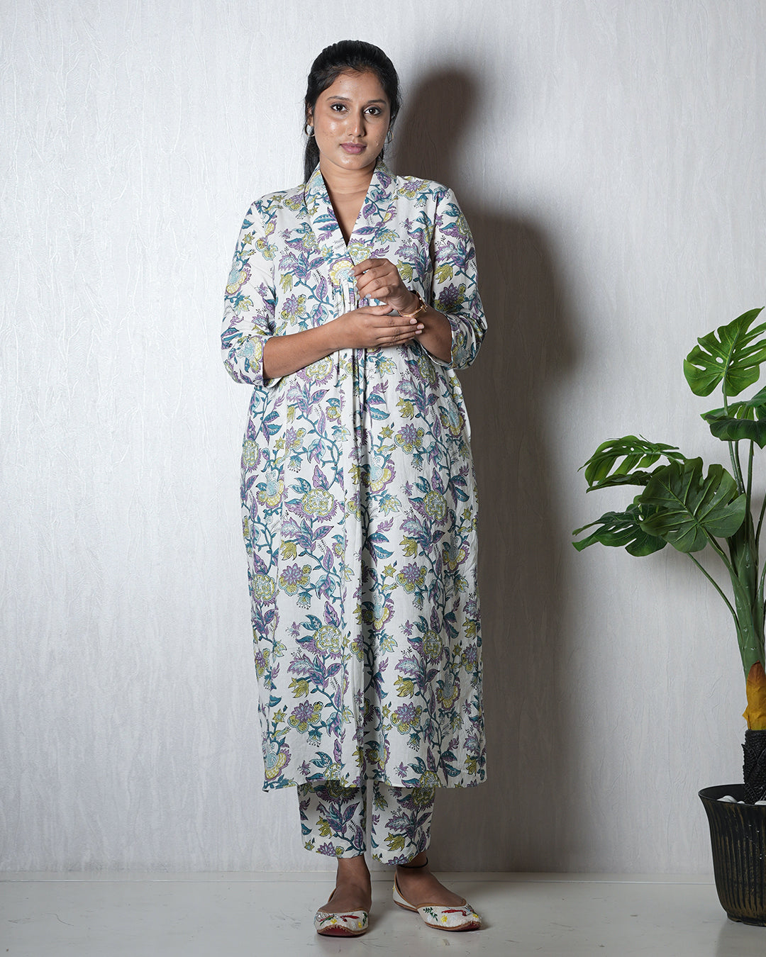 White Floral Hand block Kurta Set