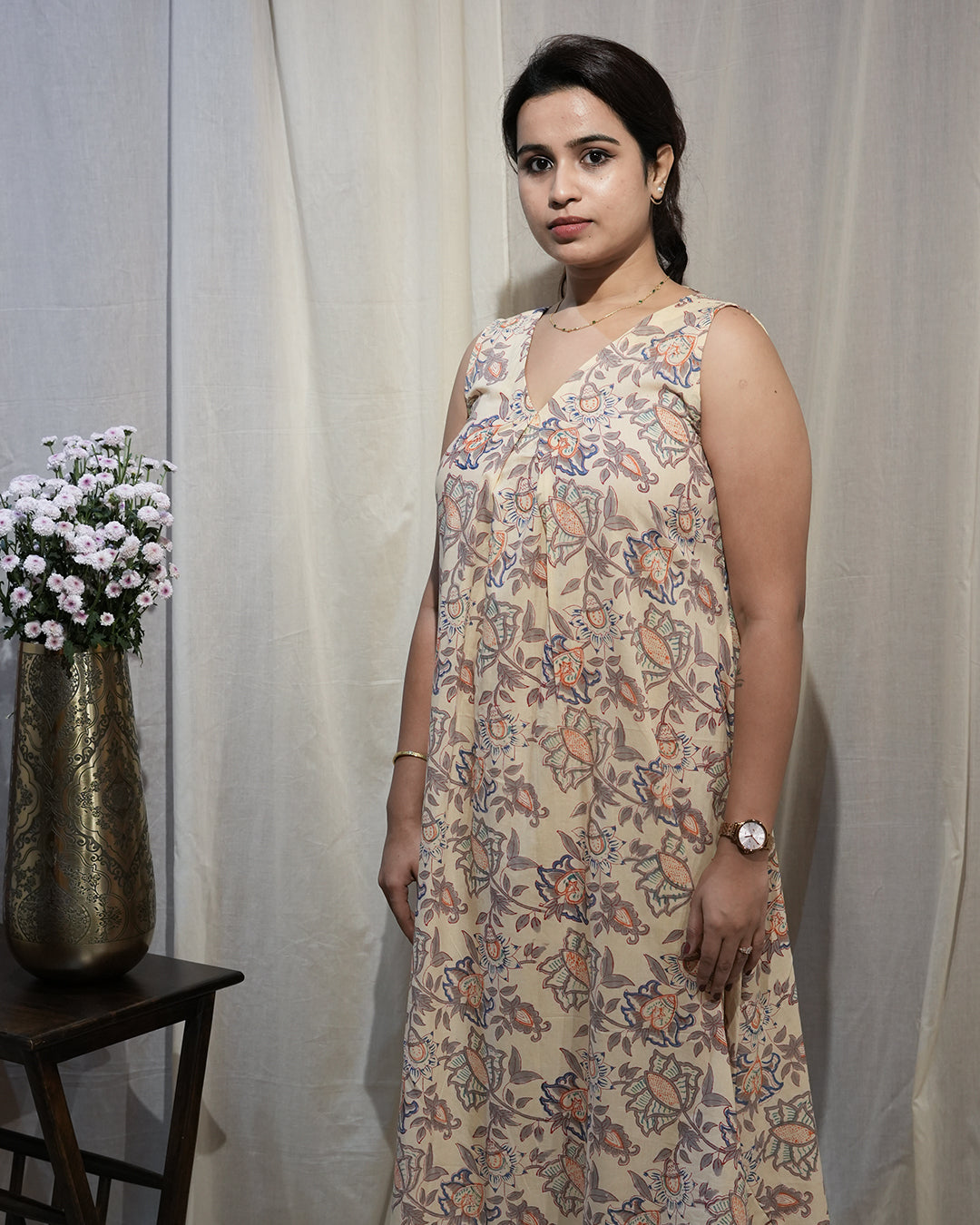 Beige Floral Sleeveless A-Line Kurta Set