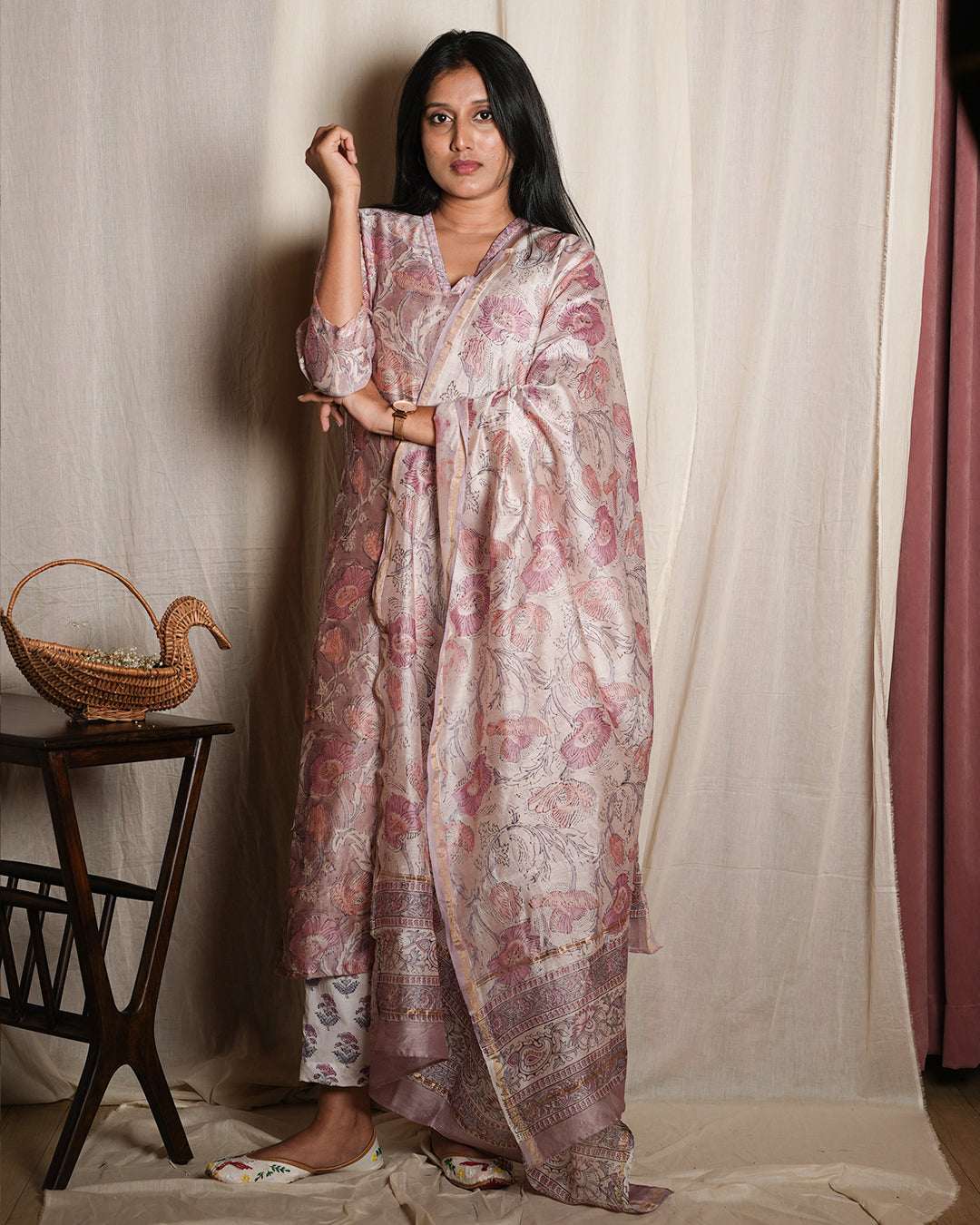Soft Pink Floral Printed Kurta Set with Dupatta