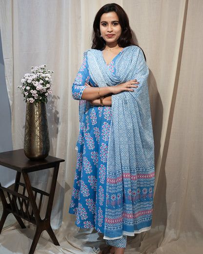 Blue Floral Anarkali Kurta Set with Dupatta