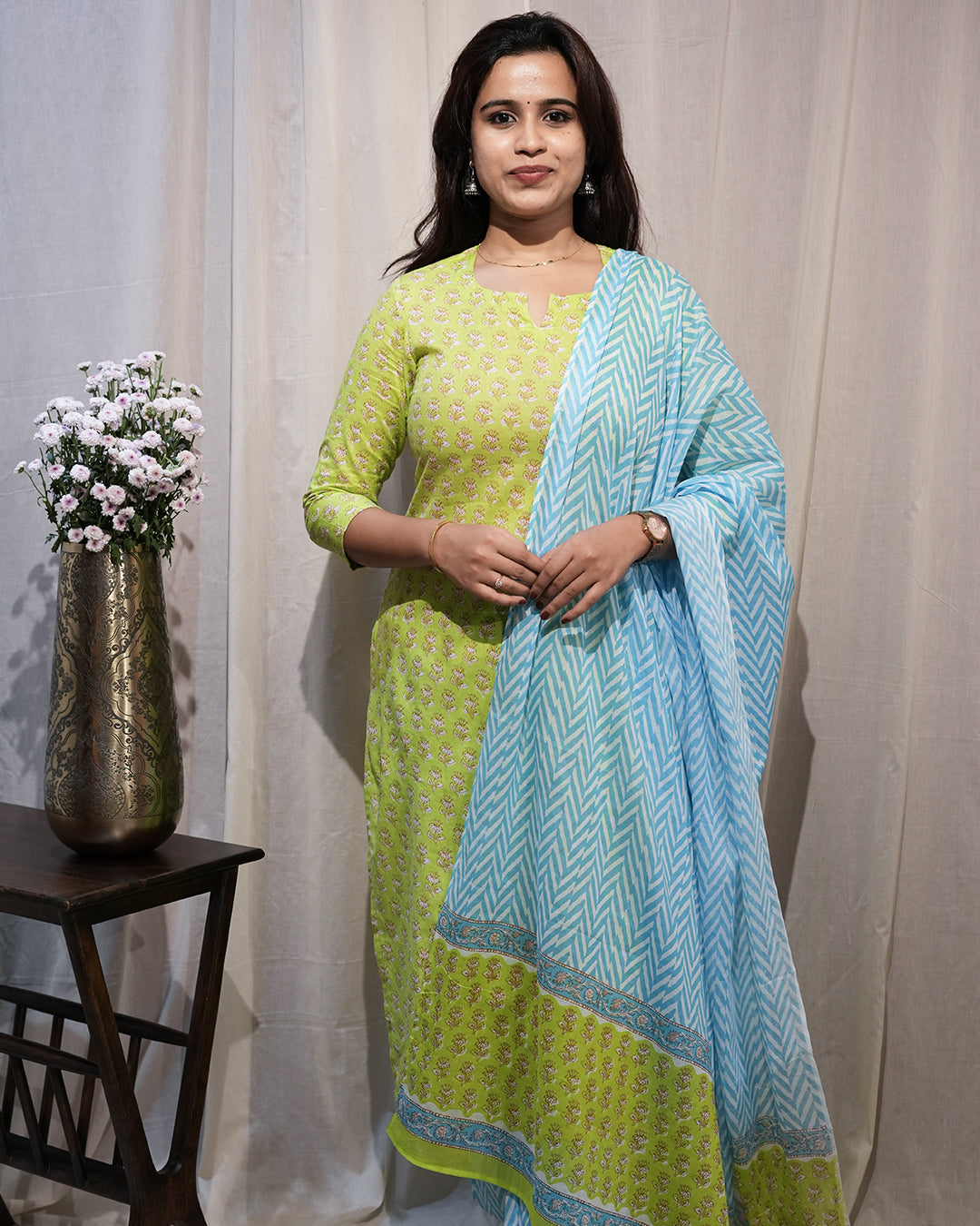 Lime Green Printed Kurta Set with Sky Blue Dupatta
