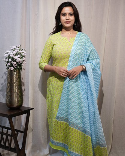 Lime Green Printed Kurta Set with Sky Blue Dupatta