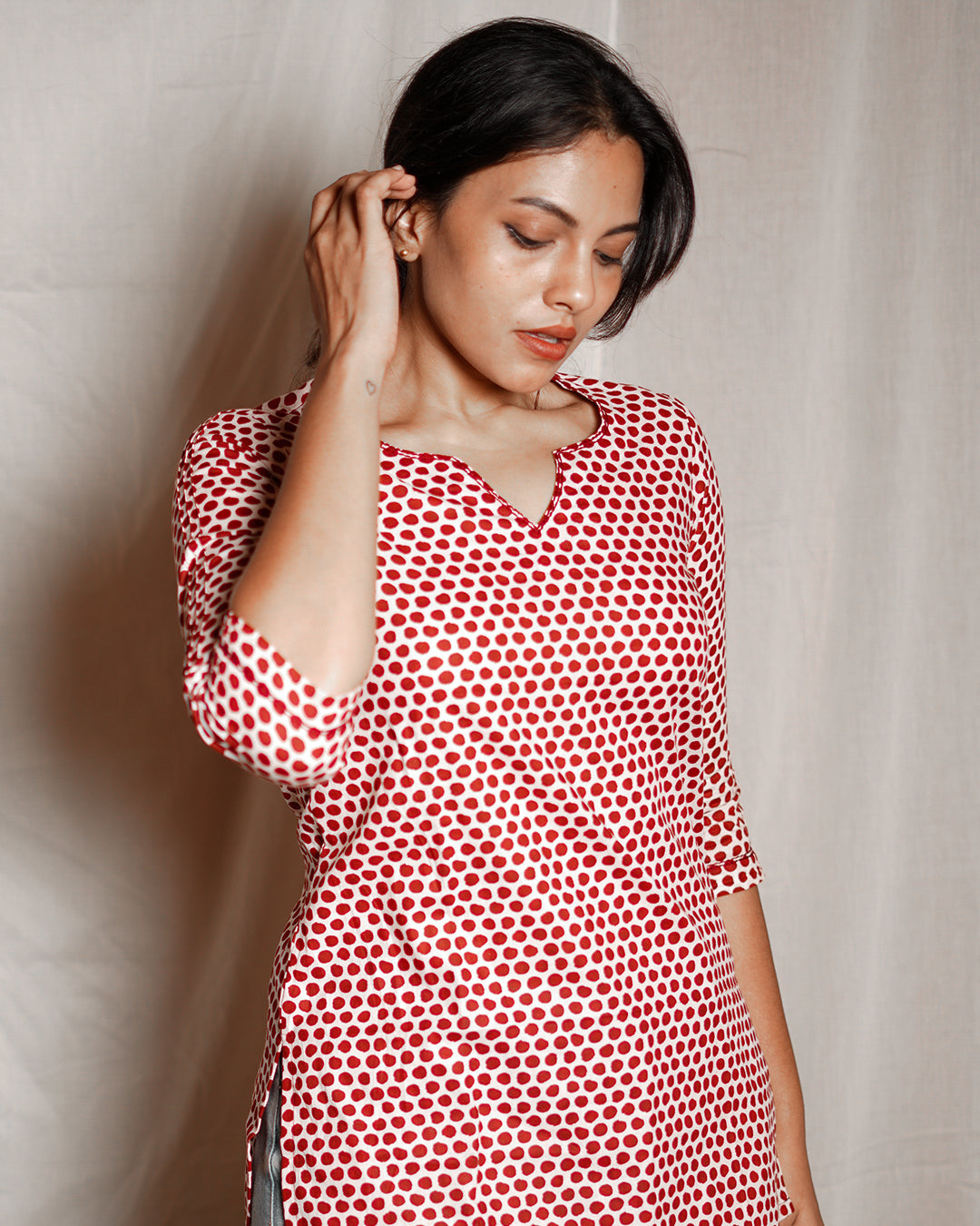 Red Polka Printed Short Kurta