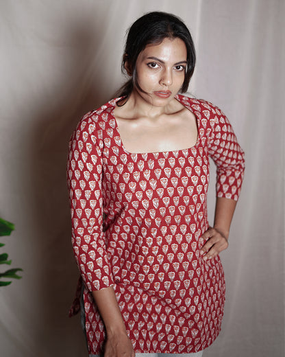 Red Handblock Printed Short Kurta