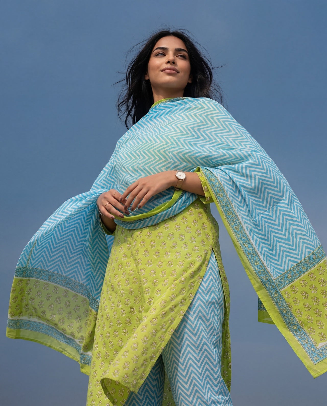 Lime Green Printed Kurta Set with Sky Blue Dupatta