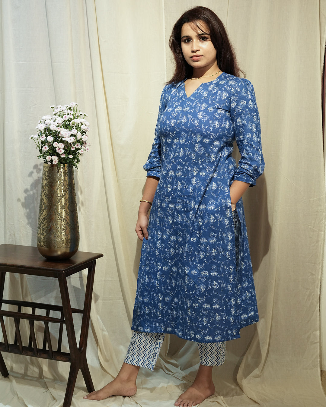 Blue Handblock-Style Printed Kurta Set with Dupatta