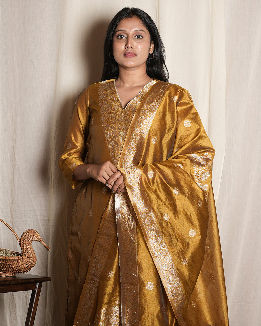 Mustard Gold Woven Ethnic Banaras chanderi Set