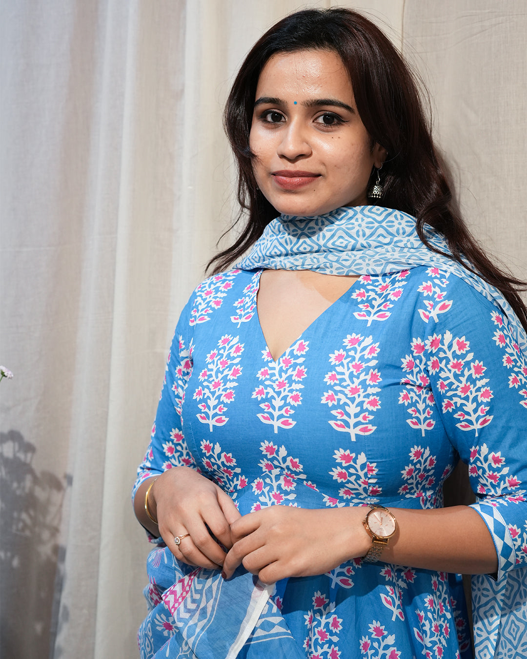 Blue Floral Anarkali Kurta Set with Dupatta