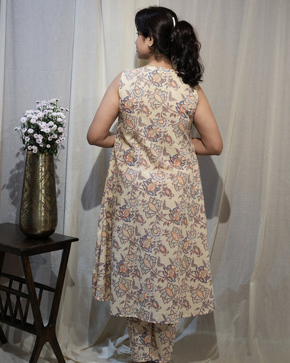 Beige Floral Sleeveless A-Line Kurta Set