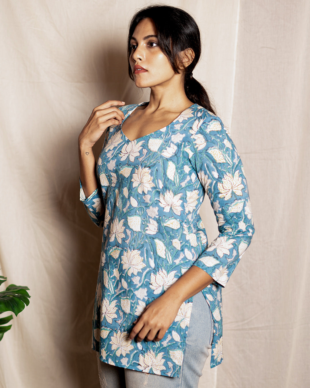 Blue Floral Printed Short Kurta