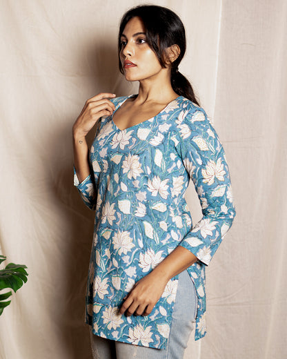 Blue Floral Printed Short Kurta