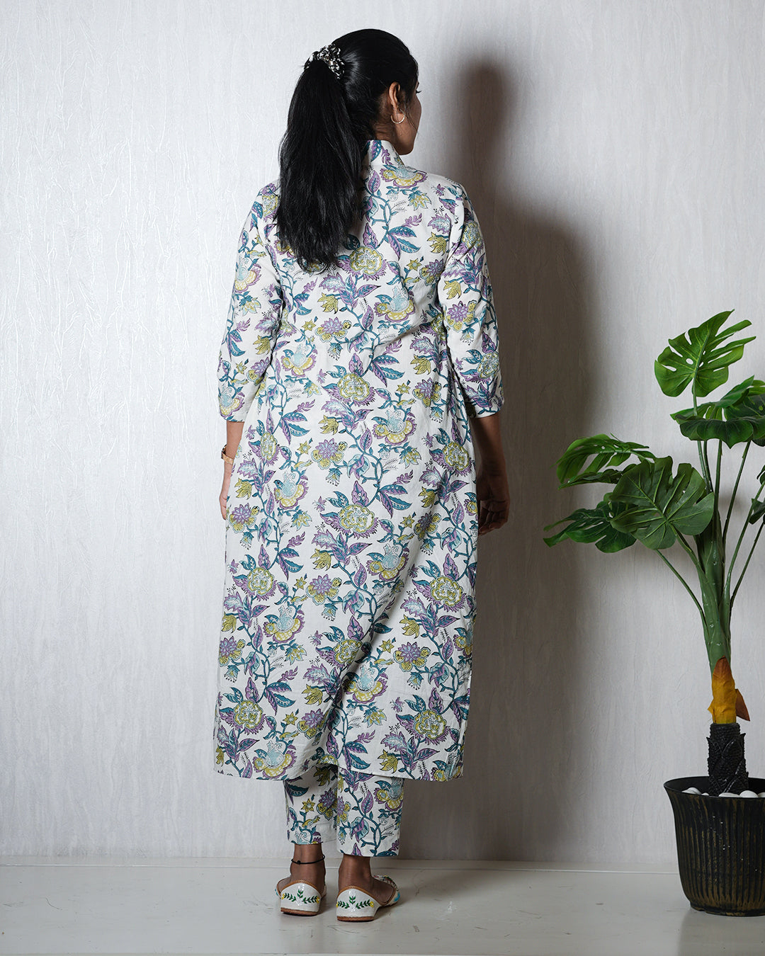 White Floral Hand block Kurta Set