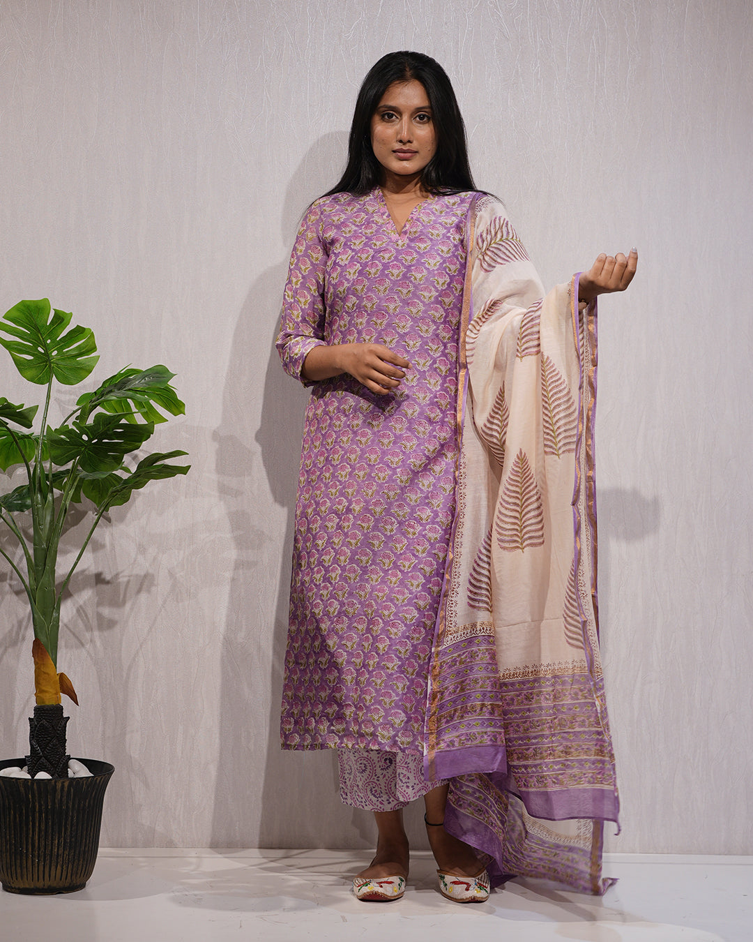 Lavender Handblock-Style Printed Cotton Suit Set