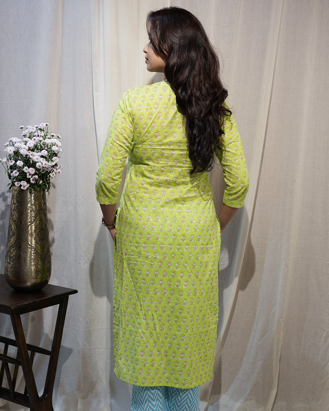 Lime Green Printed Kurta Set with Sky Blue Dupatta