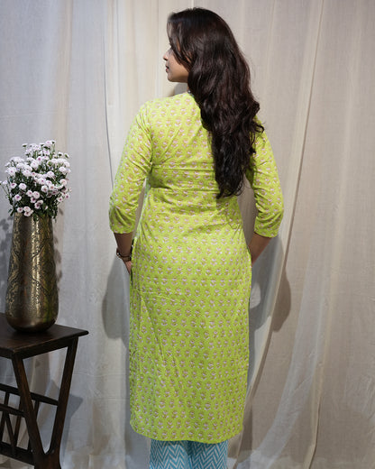 Lime Green Printed Kurta Set with Sky Blue Dupatta